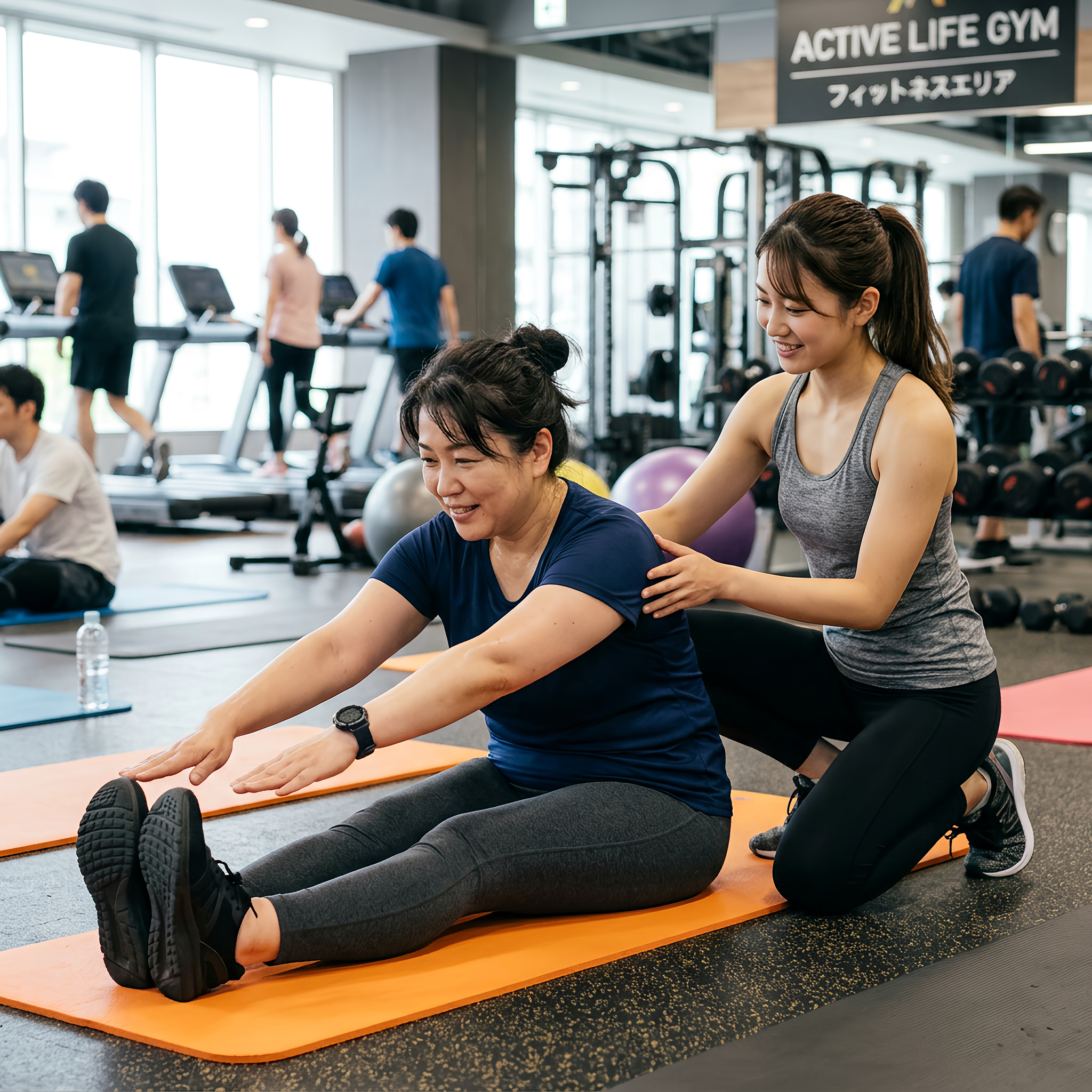 フィットネスジムでエクササイズに励む熟女と女性インストラクターと