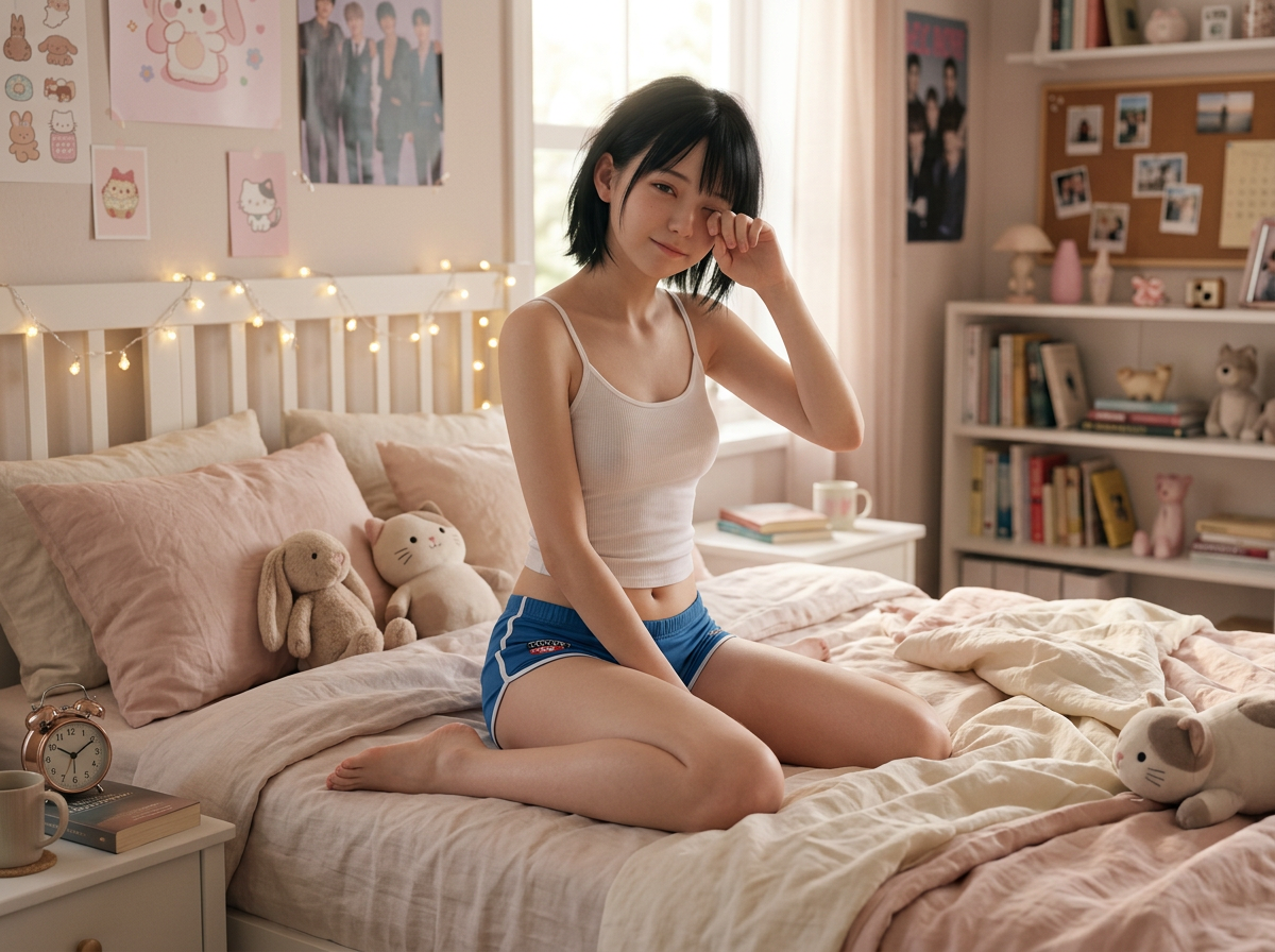 寝起きの女学生の姿